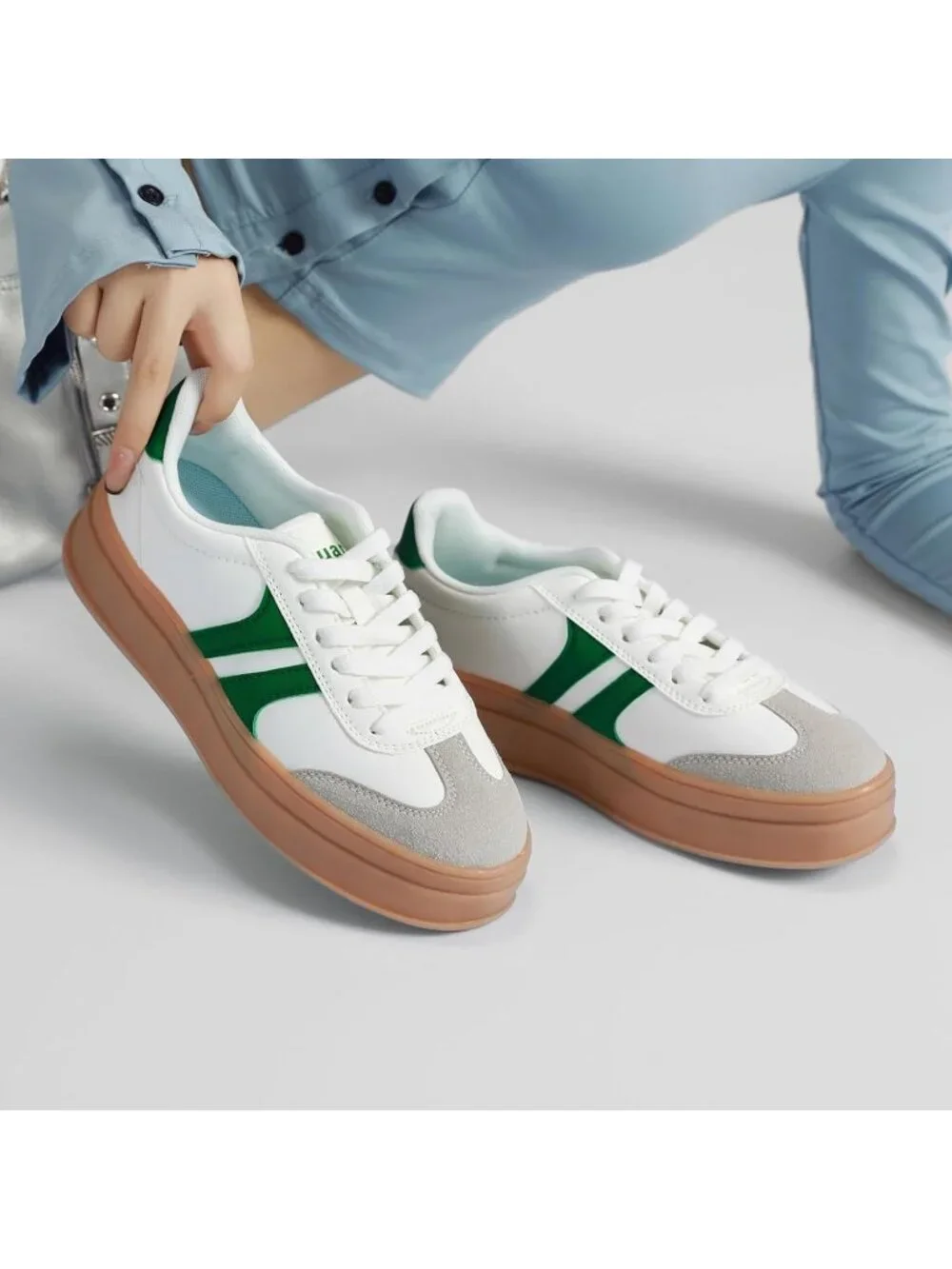 🆕Women's White Green Gum Sole Fashion Sneakers Thick Platform Sole Rubber Shoes